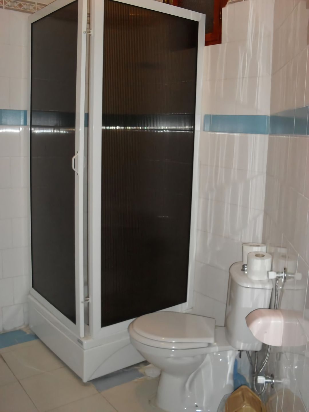 Un baño con cabina de ducha, inodoro y un perchero para toallas.