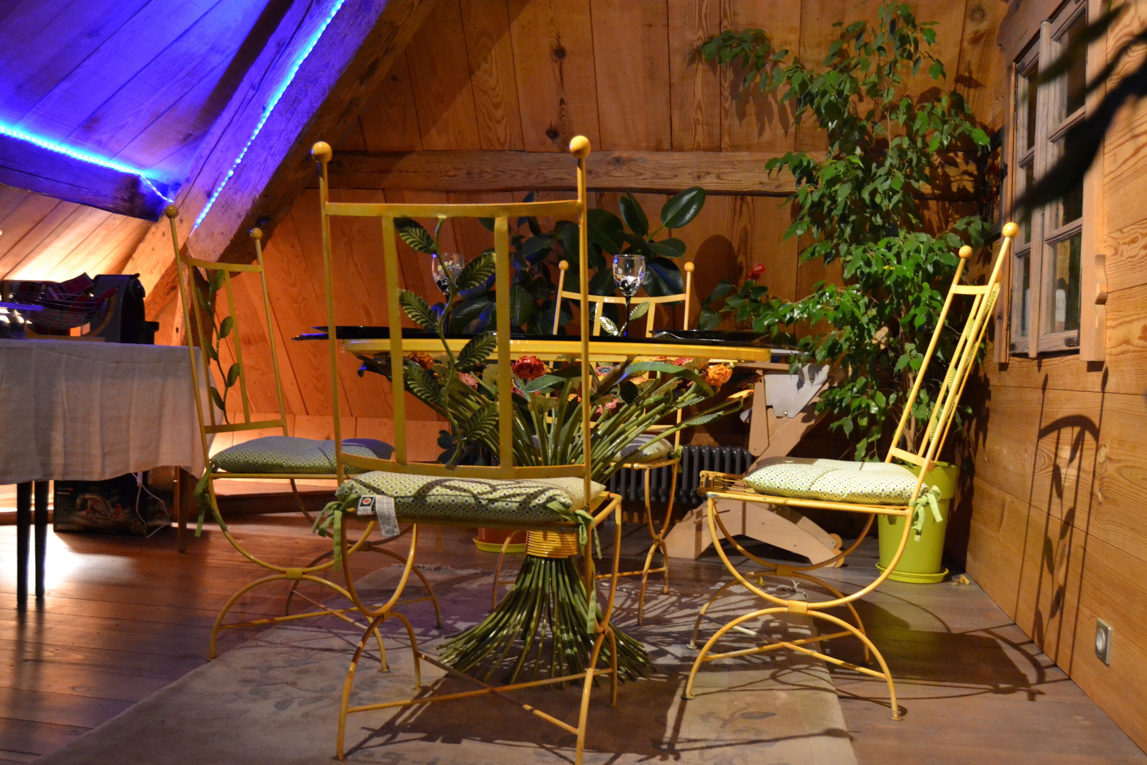 A cozy room with a wooden ceiling, a dining table with chairs, and a green plant.
