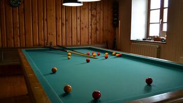 A pool table with balls, wooden walls, and hanging lights.