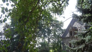 A stone building with a sloped roof, surrounded by lush greenery and a gravel path.