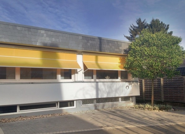 Un bâtiment moderne doté d’un toit plat, de grandes fenêtres et d’un arbre au premier plan.