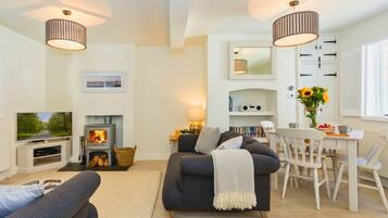 Cottage | Woonruimte | Televisie, een open haard, Netflix en een dvd-speler