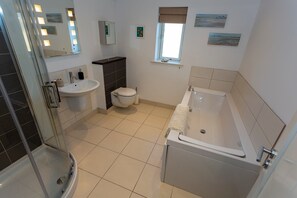 Bathroom | Shower, hair dryer, toilet paper