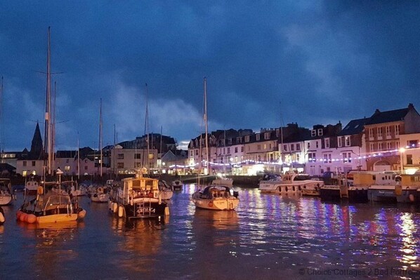 Boats docked at the marina, surrounded by well-lit buildings with multiple stories and windows.