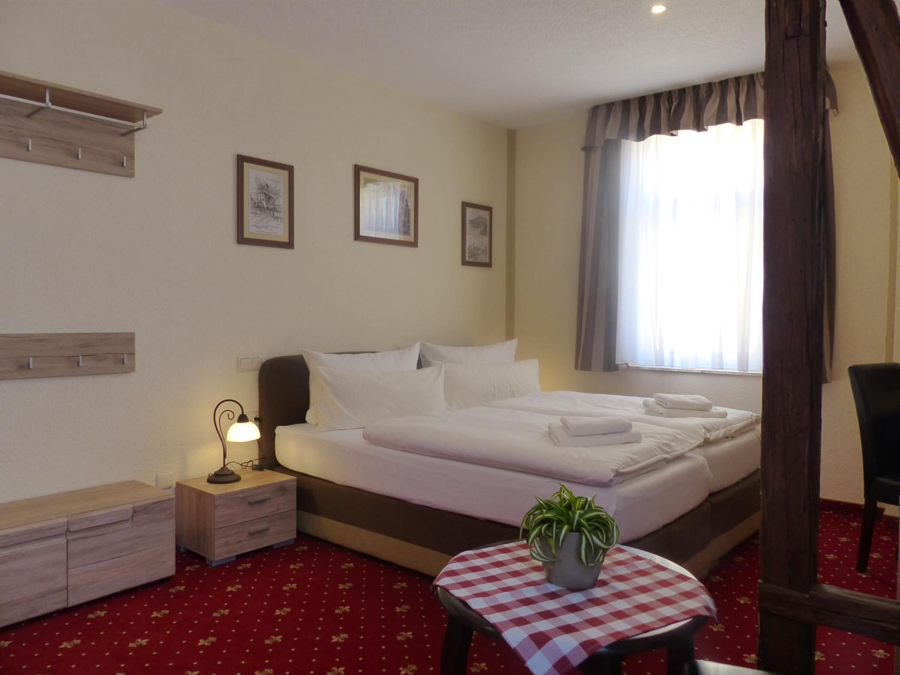 A hotel room with a large bed, a bedside table with a lamp, a small table with a plant, and a chair.
