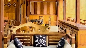 A rustic wooden interior with a central seating area, wooden walls, and ceiling beams. - Silver Crown Nature Resort (Anuradhapura)
