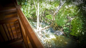 A wooden deck overlooking a stream with surrounding greenery. - Silver Crown Nature Resort (Anuradhapura)