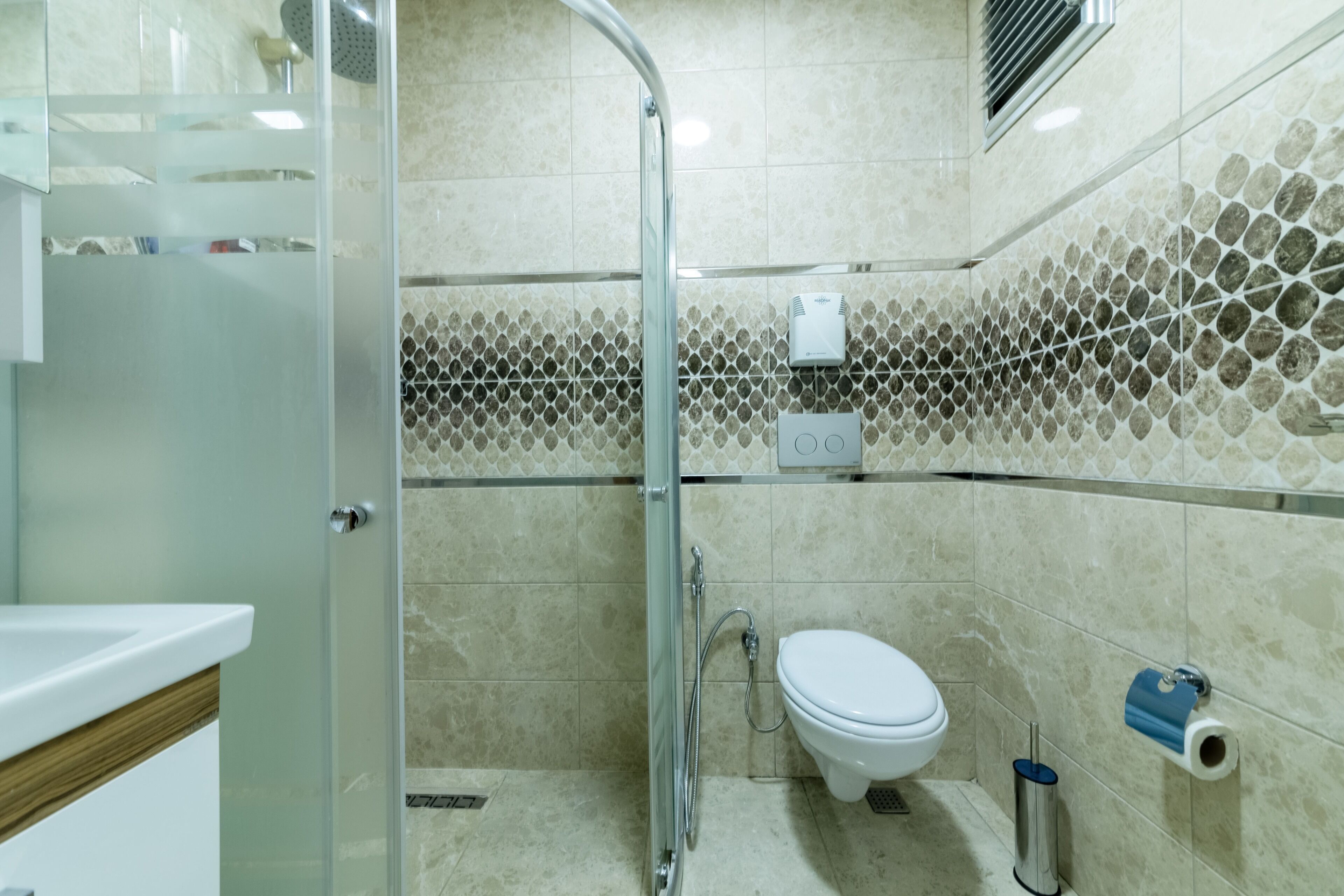 A modern bathroom with a glass shower enclosure, a toilet, and a sink.