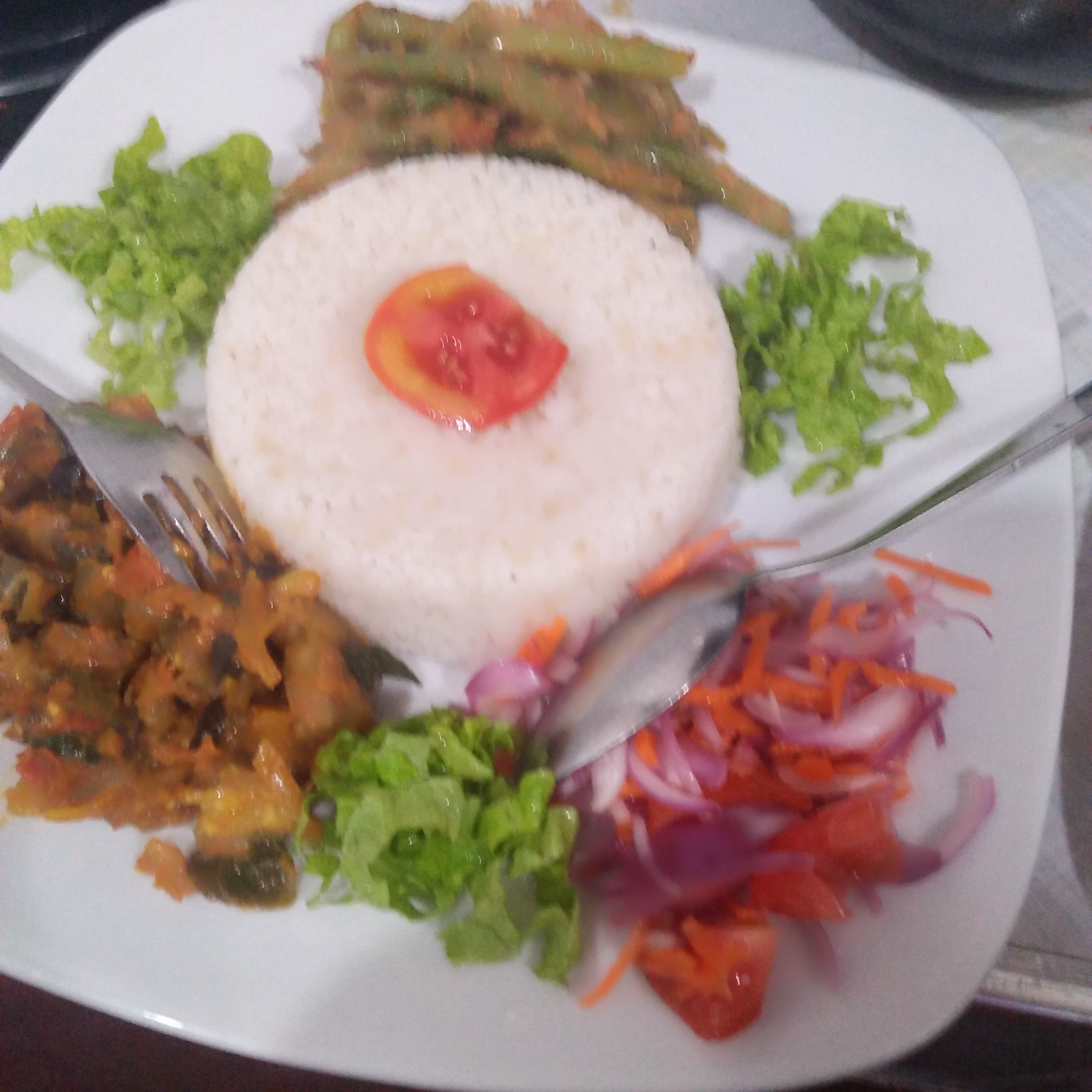 A plate of food with rice, vegetables, and a slice of tomato.