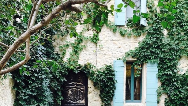 A stone building with a black door and blue shutters, surrounded by greenery. - La Belugue (Beaumont-de-Pertuis)