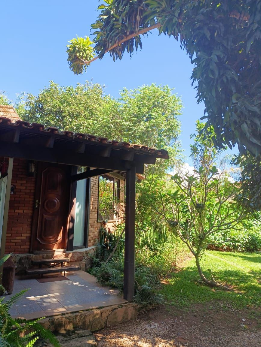 Una pequeña casa de ladrillo con porche cubierto, rodeada de abundante follaje y árboles.