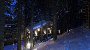A wooden cabin with a snow-covered roof, surrounded by tall trees and a snowy landscape.