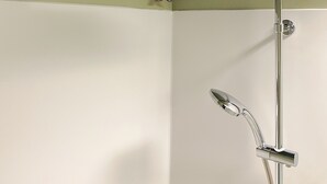 Chuveiro com acabamento em cromo, painel de controle fixado na parede e arranjo decorativo de plantas acima.