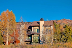 A multi-story building with balconies, surrounded by trees and a mountain in the background.