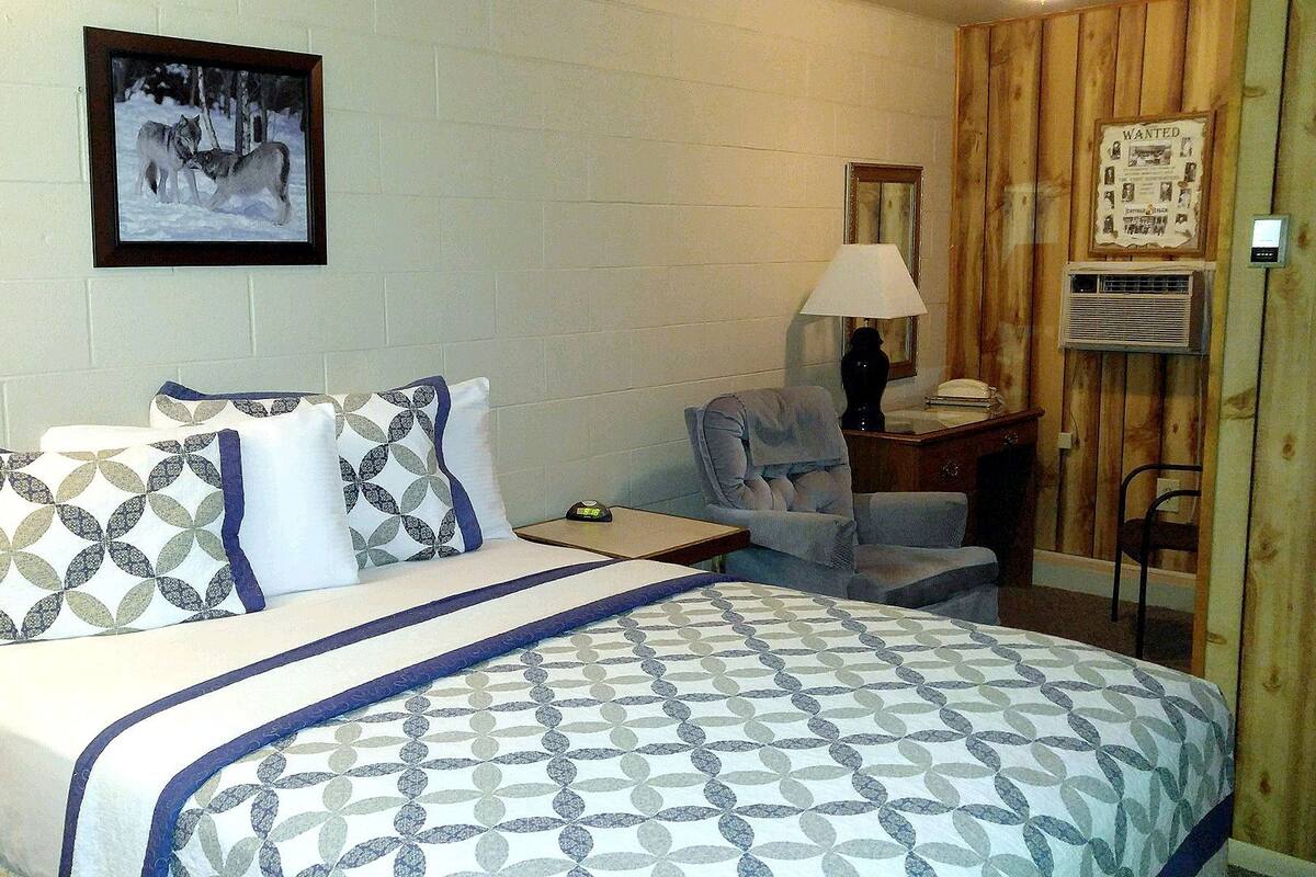 A hotel room with a bed, a nightstand, a lamp, a chair, a wooden wall panel, and a framed picture on the wall.