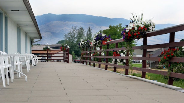 A covered outdoor area with white plastic chairs, a wooden fence adorned with flowers, and a view of mountains in the background. - Carter Mountain Motel (Cody)