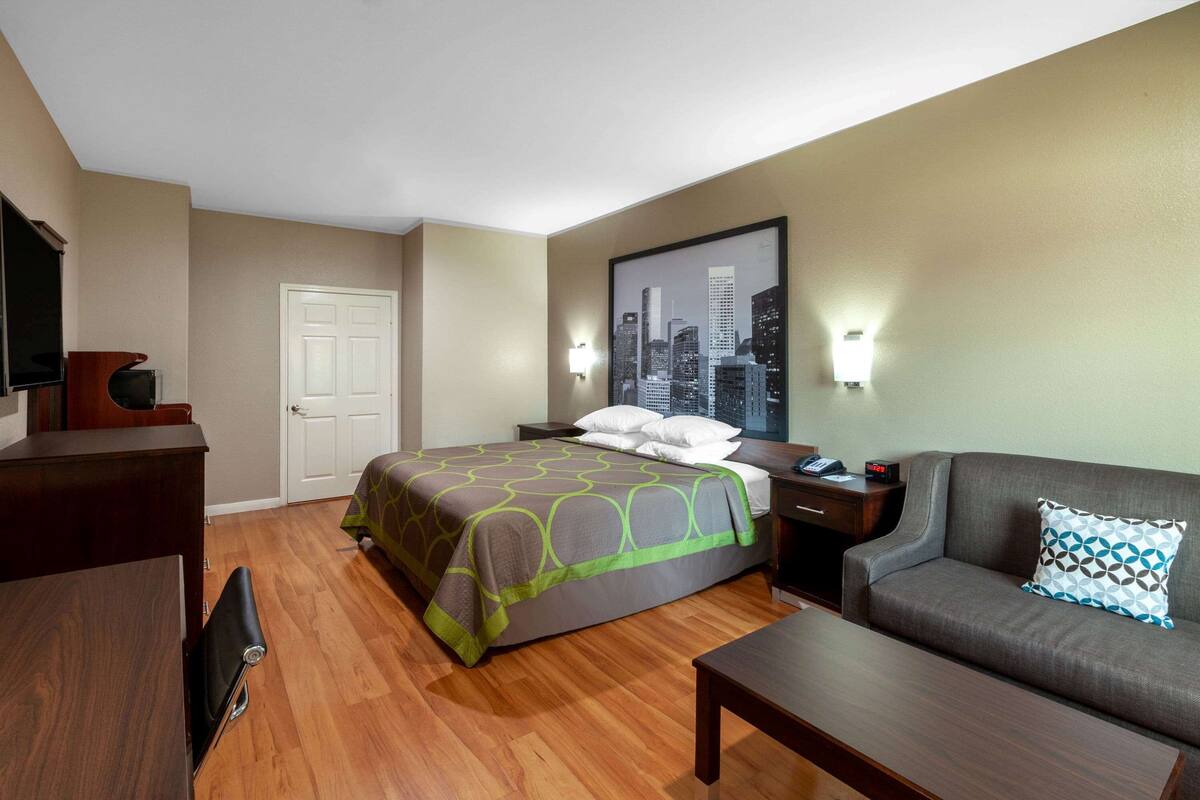 A hotel room with a bed, a sofa, a desk, and a television.