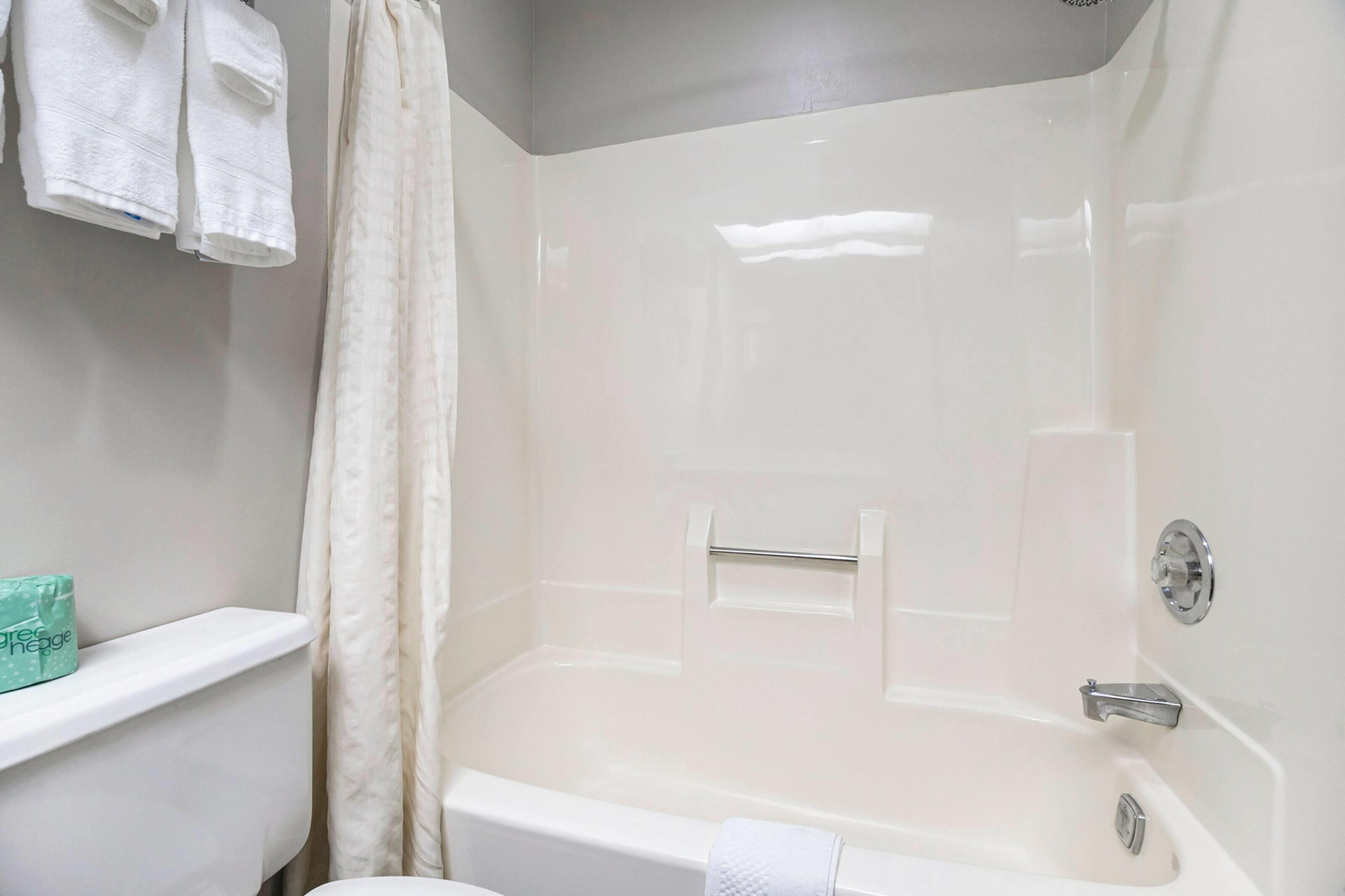 Un baño con una bañera, un cortinón de ducha, un tendedero para toallas y una estantería con una caja de pañuelos.