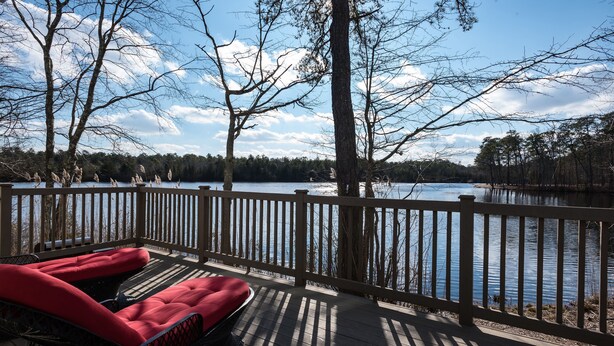 Una terraza con vistas a un lago, rodeada de árboles.