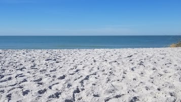 On the beach, sun-loungers, beach towels