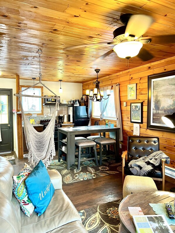 Flat-screen TV, fireplace