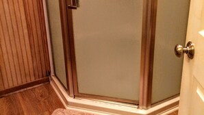 A shower area with a glass door, wooden floor, and a patterned rug.