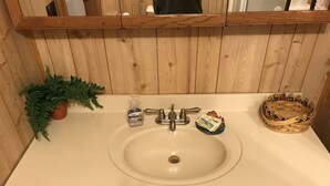 A bathroom with a wooden vanity, a sink, a potted plant, a soap dispenser, a toothbrush holder, and a woven basket.