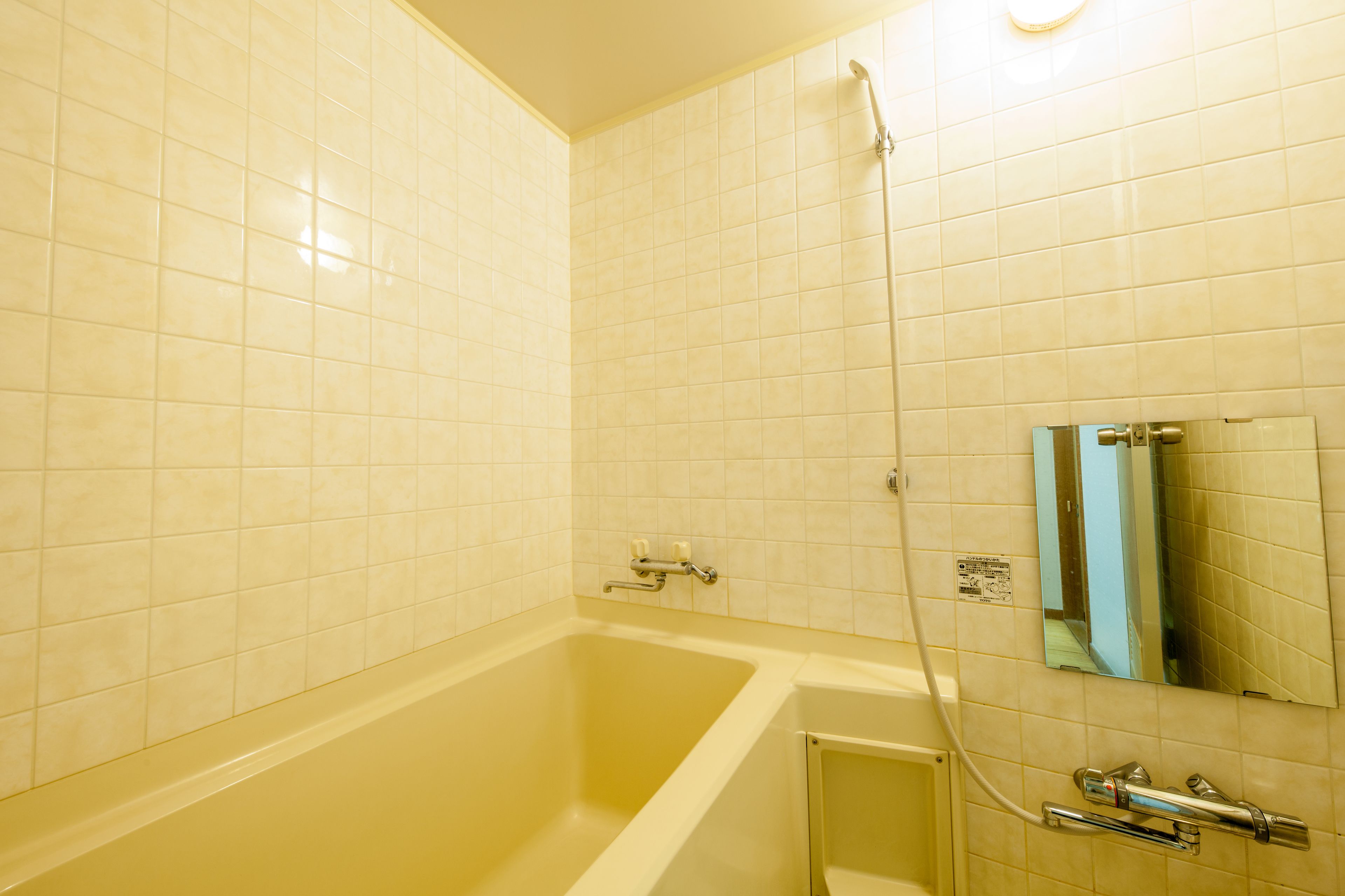 A bathroom with a bathtub, a shower, and a mirror on the wall.