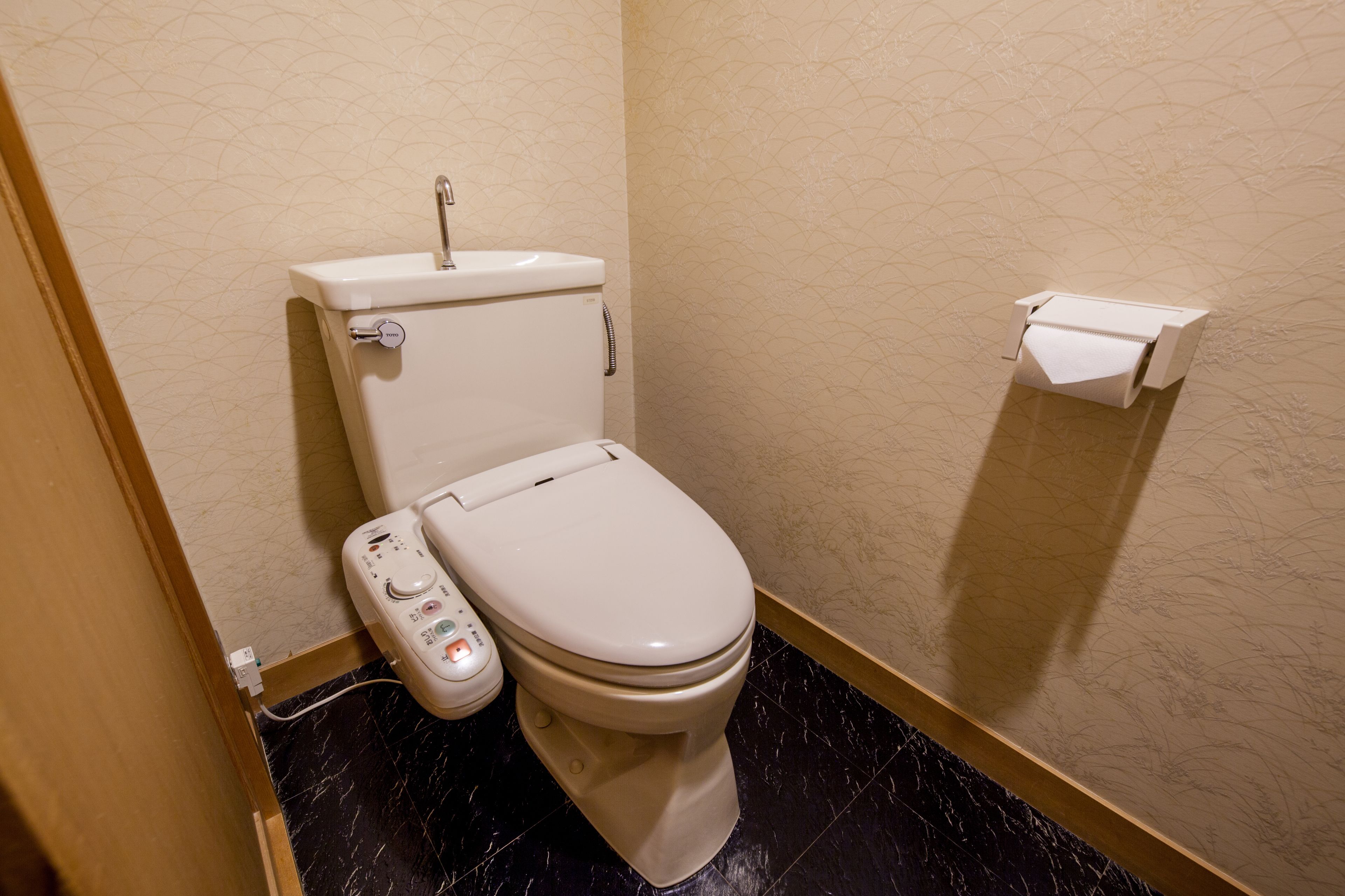 A toilet with a bidet attachment and a paper towel dispenser.