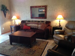 Een televisie, een open haard, een dvd-speler en een filmbibliotheek