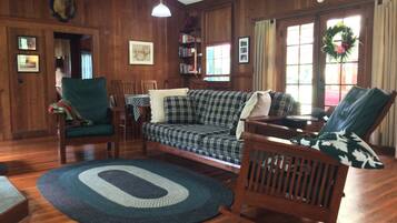 Smart TV, fireplace, books