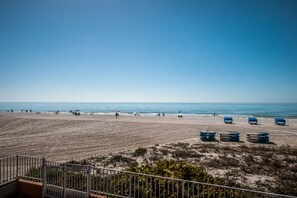 A beach with a clear sky, people walking, and blue beach chairs. - PICTURE PERFECT!  3 balconies! BC #2406 (Indian Shores)
