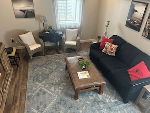 Smart TV, fireplace, DVD player, books