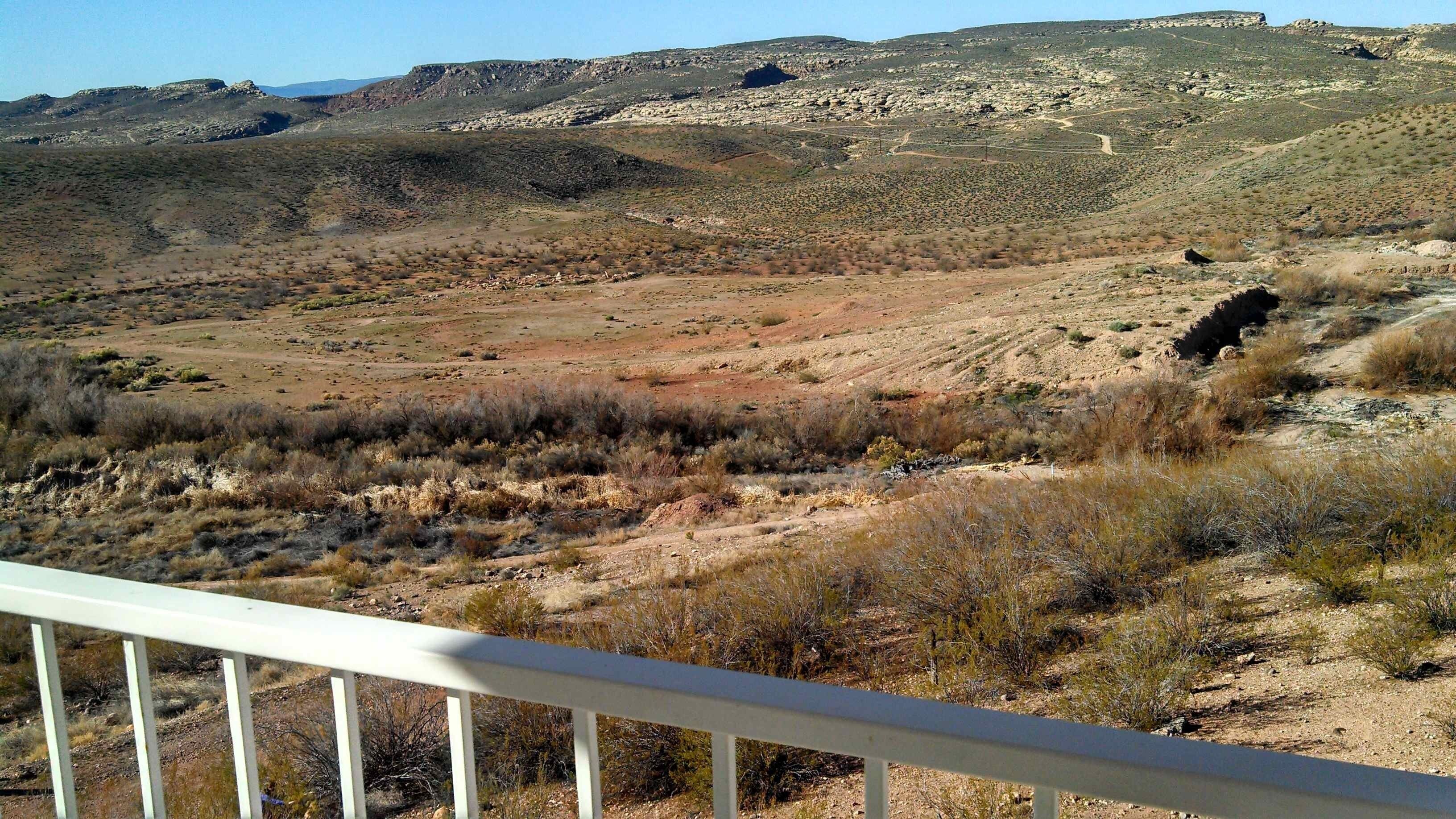 A view of a desert landscape with sparse vegetation and rocky terrain.