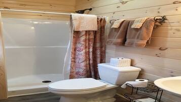 Regadera, secadora de cabello, toallas, jabón