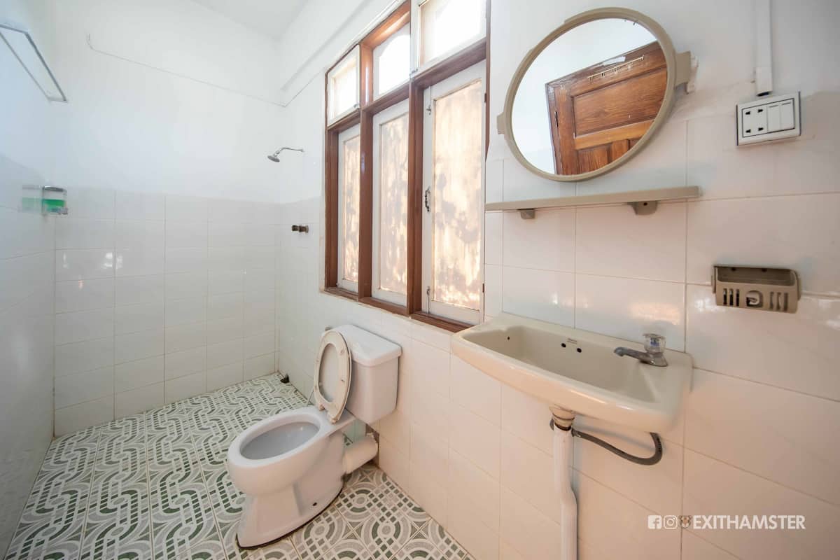 single bed shared room | bathroom | shower, free toiletries, slippers, towels