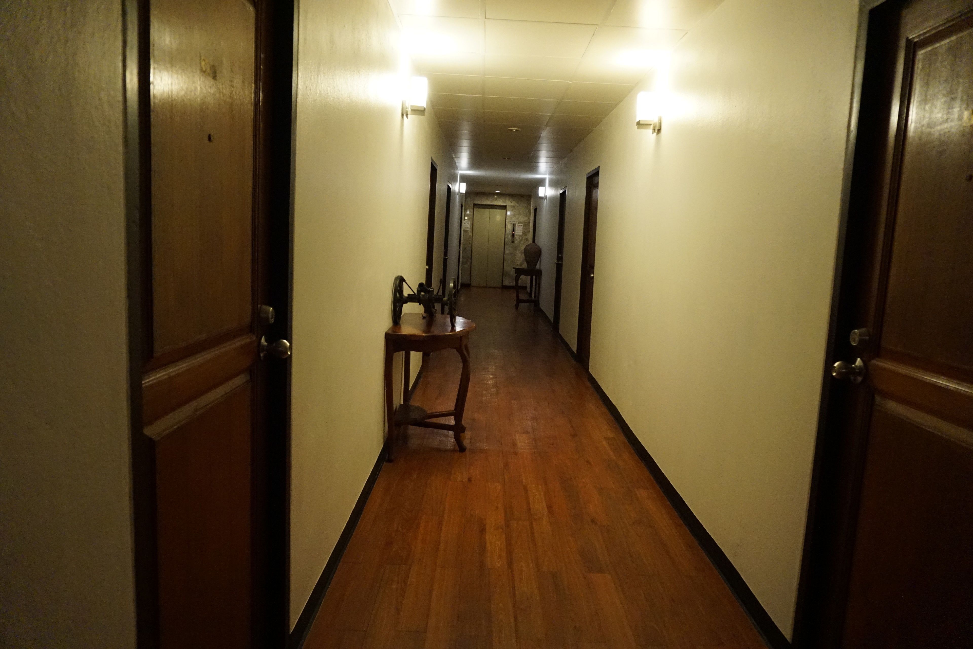 A narrow hallway with wooden flooring and doors on both sides.