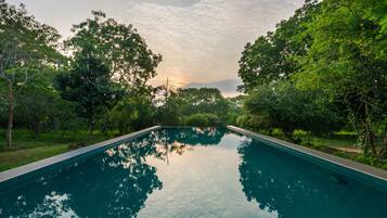 Una piscina al aire libre, sombrillas, tumbonas