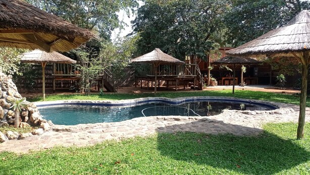 Una piscina rodeada de construcciones con techo de paja, una pared de piedra y una zona ajardinada.