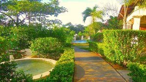 Um caminho bordeado por vegetação exuberante e um pequeno lago, que leva a um edifício com piscina ao fundo.
