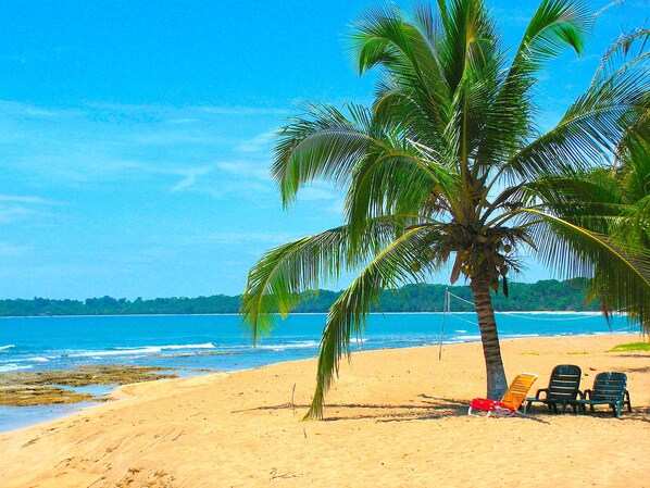 Accommodatie ligt op het strand, ligstoelen, strandlakens