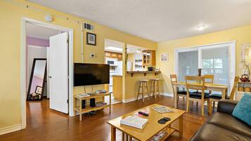 Smart TV, fireplace, Netflix, books