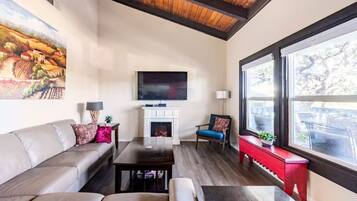 Smart TV, chimenea, Netflix y libros