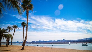 A beach with palm trees, a clear sky, and boats on the water. - Sleeps 23: Luxury Retreat with Pool/Hot Tub, Casitas, Pet-Friendly, Near Riviera Marina (Lake Havasu City)