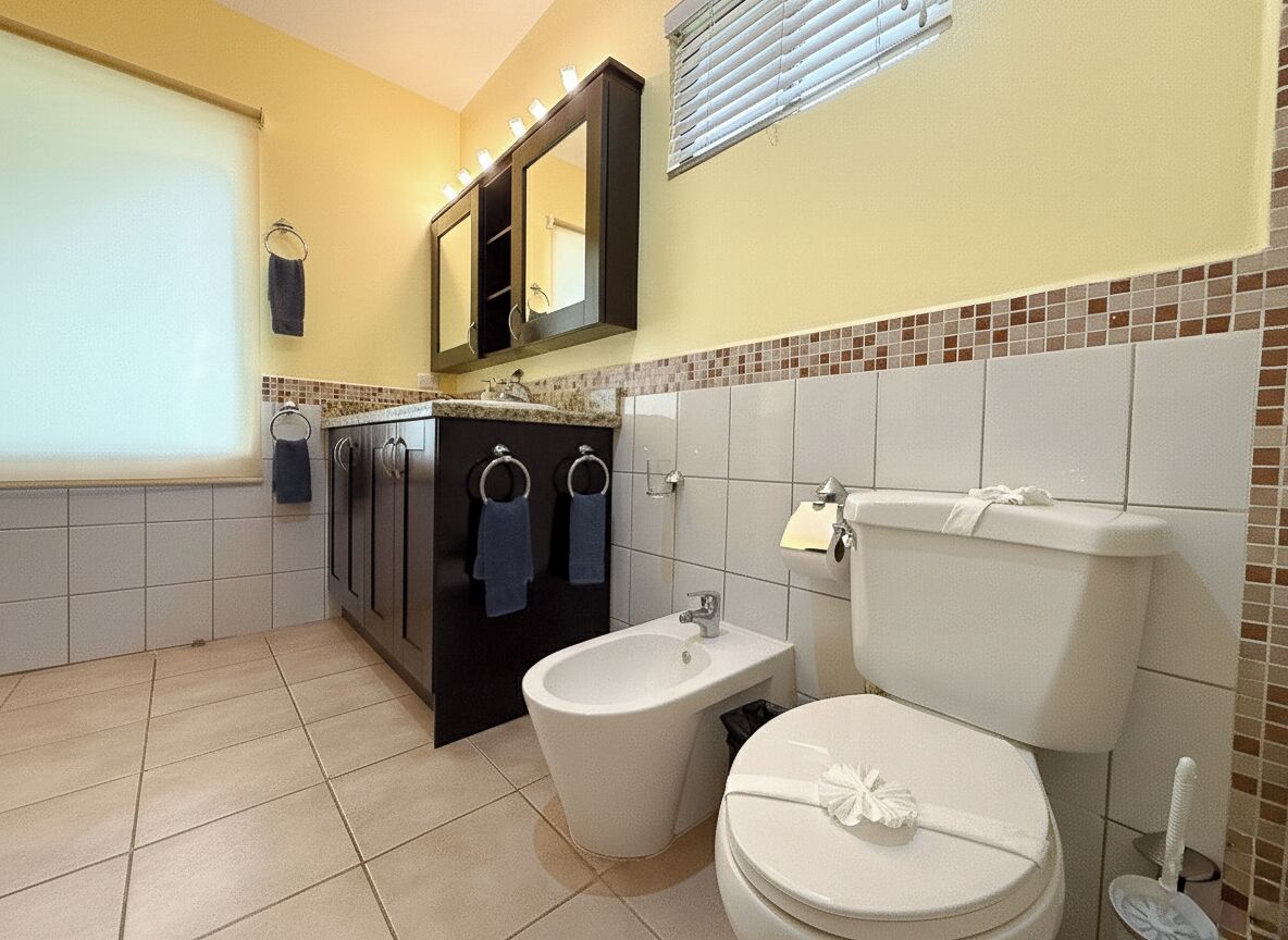 Un baño con bidé, inodoro y lavabo. Hay toallas colgadas en la pared y un espejo sobre el lavabo.