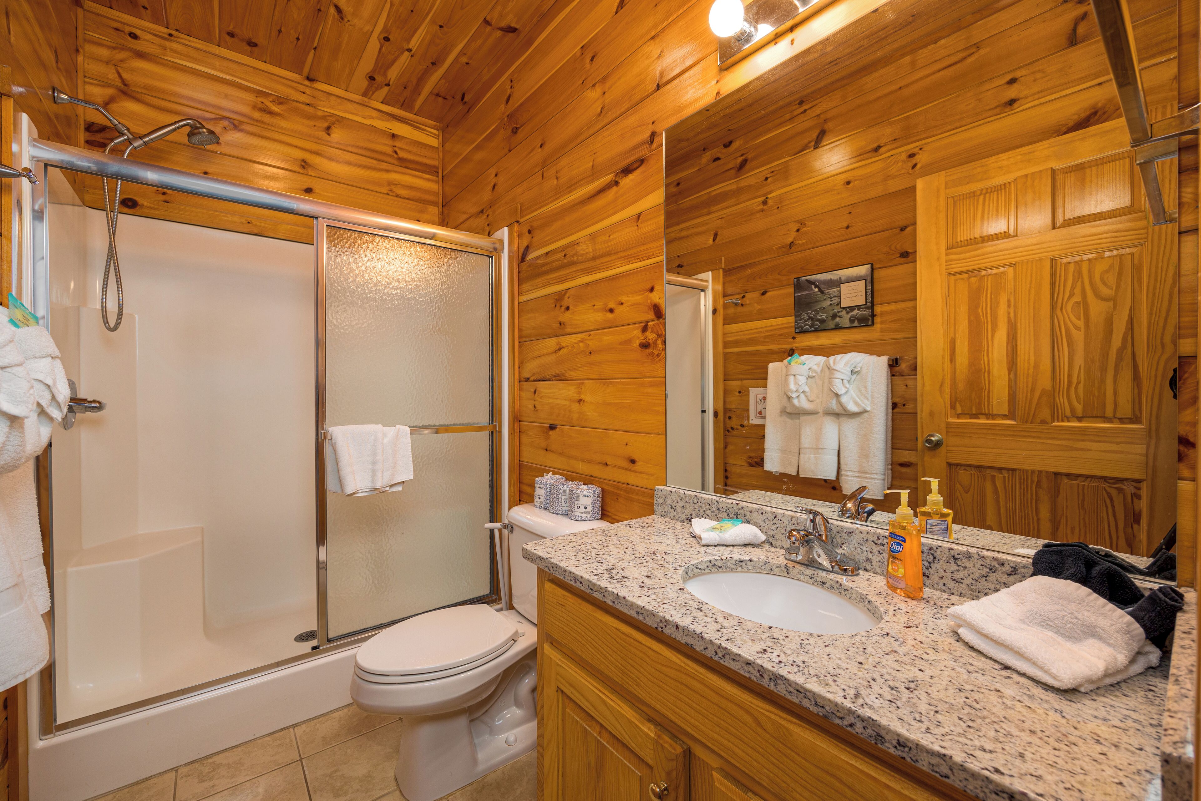 A wooden cabin bathroom with a glass-enclosed shower, a toilet, a sink, and a mirror.