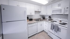 A modern kitchen with white cabinets, a refrigerator, a microwave, a sink, and a stove.