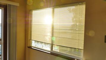 A room with a large window with blinds partially open, a door with a view of the outside, and a small table with a green object on it.