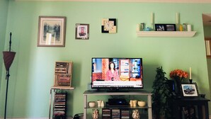 Olohuoneessa on televisio, josta näkyy uutislähetys, kirjahylly, jossa on DVD-levyjä, kehystetty kuva Golden Gate -sillasta ja pieni kasvi sivupöydällä.