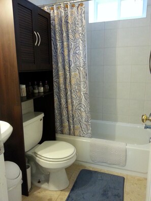 Bañera con ducha, secador de pelo, toallas, jabón